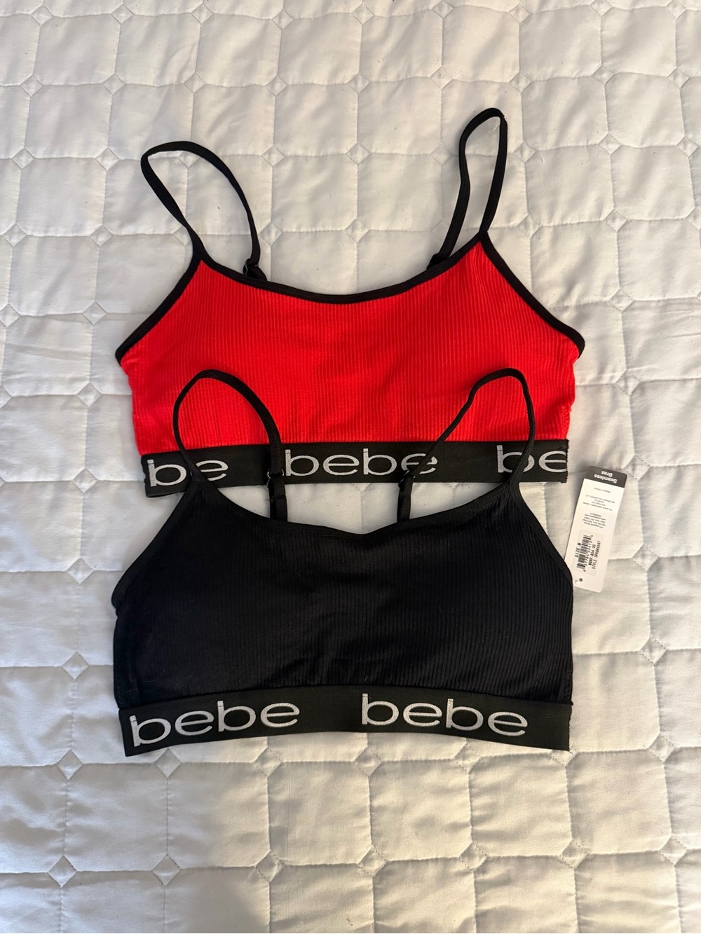 bebe Ribbed Dual Bralette Set - Red & Black